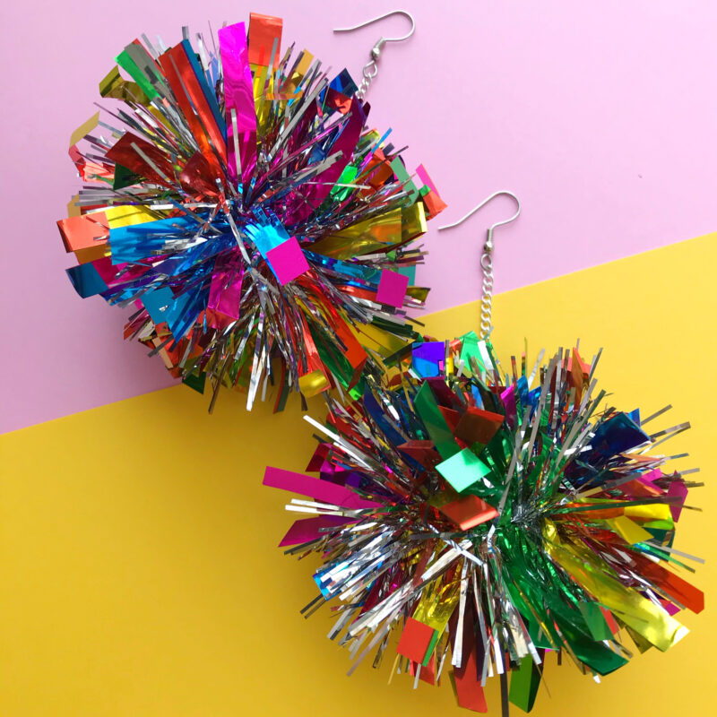 rainbow tinsel pompom earrings – Titina Accessories